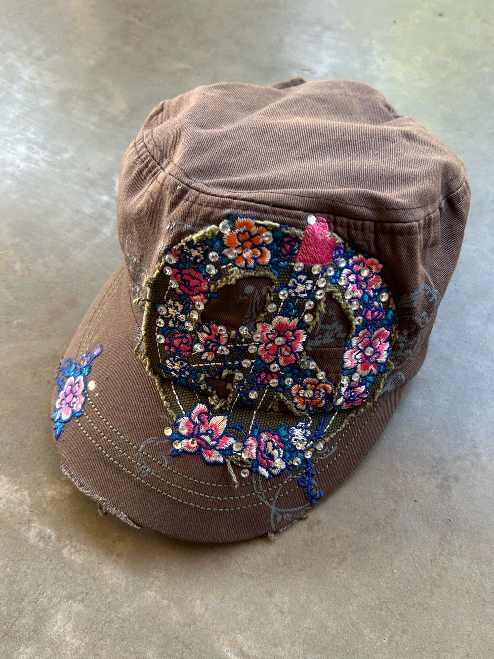 Crystal Saint Brown Floral Peace Sign Military Cap - Women's Embroidered Hat